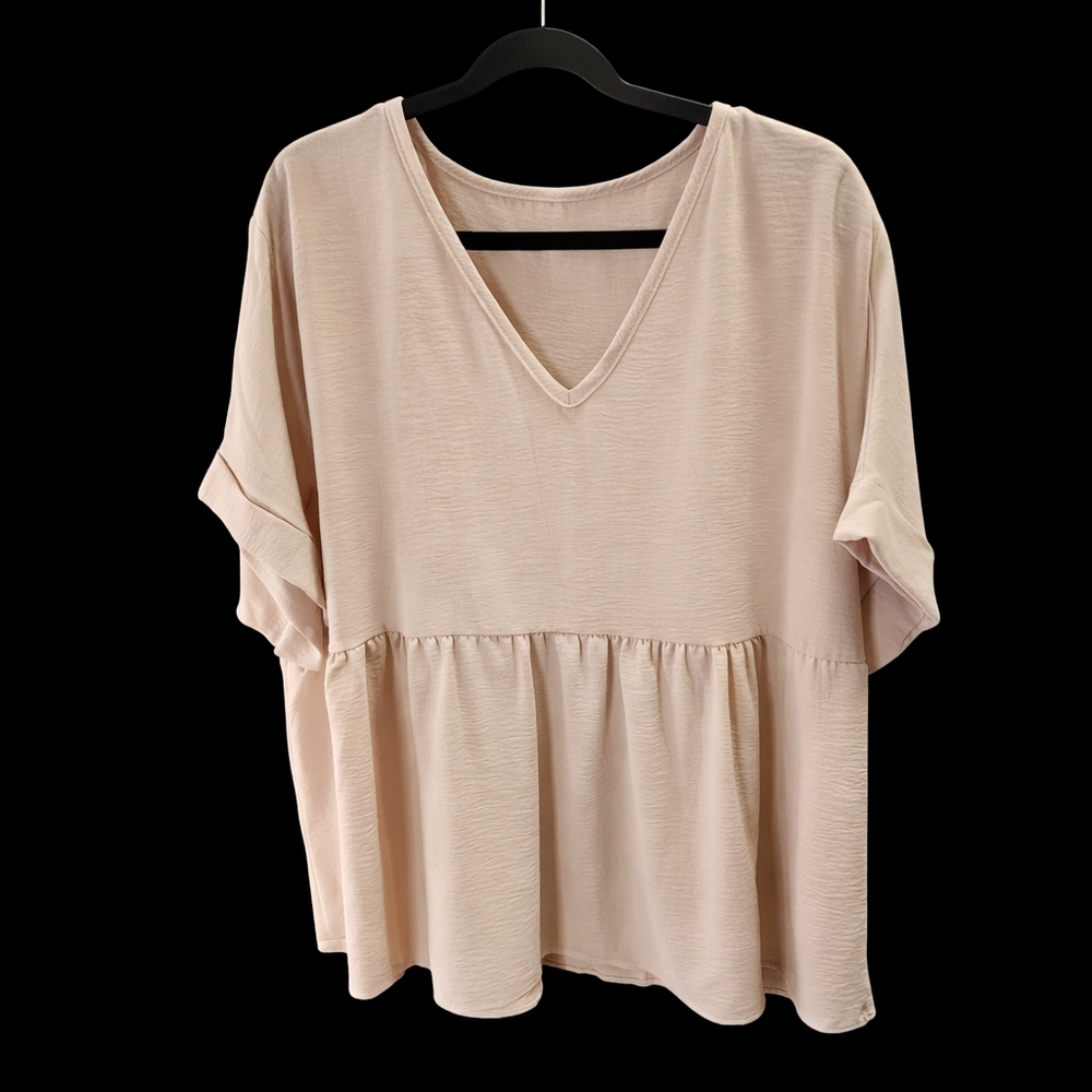 Relaxed V-Neck Peplum Blouse in Light Beige. XL, runs A Bit Large